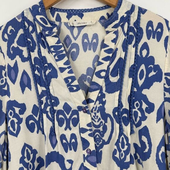 Salty Lemon Boho Print Button Front Tunic Dress in Ivory/Blue | Small - Picture 4 of 7